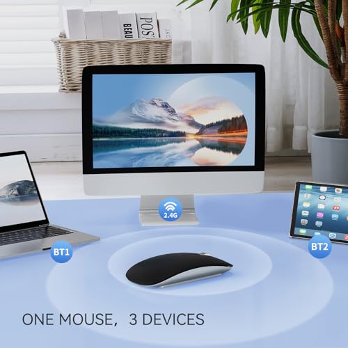 Uiosmuph Bluetooth Maus, Kabellose Maus mit USB-Nano-Empfänger, Tri-Mode (Dual Bluetooth 5.1 + 2.4GHz) Leise Funkmaus Wiederaufladbare für Laptop, PC, iPad, Mac schwarz Bild 2