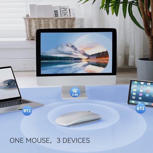 Uiosmuph Bluetooth Maus, Kabellose Maus mit USB-Nano-Empfänger, Tri-Mode (Dual Bluetooth 5.1 + 2.4GHz) Leise Funkmaus Wiederaufladbare für Laptop, PC, iPad, Mac Silber Bild 2