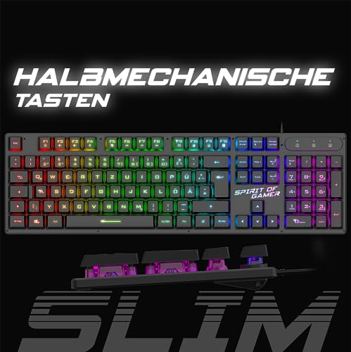 SPIRIT OF GAMER x PRO K1 | Kabelgebundene Semi Mechanische Gaming Tastatur PC | Layout QWERTZ Deutsch | 26 Anti-Ghosting Tasten | 3 RGB Hintergrundbeleuchtungsmodi | Slim USB Gaming Keyboard Bild 2