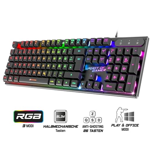 SPIRIT OF GAMER x PRO K1 | Kabelgebundene Semi Mechanische Gaming Tastatur PC | Layout QWERTZ Deutsch | 26 Anti-Ghosting Tasten | 3 RGB Hintergrundbeleuchtungsmodi | Slim USB Gaming Keyboard Bild 6