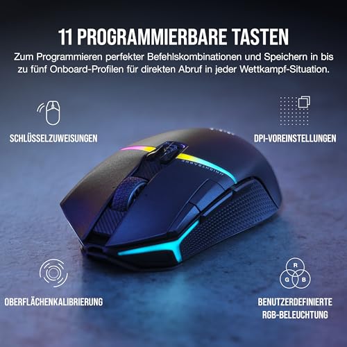 Corsair NIGHTSABRE RGB Wireless Gaming-Maus Für FPS, MOBA - 26.000 DPI - 11 Programmierbare Tasten - Bis zu 100 Stunden Akku - iCUE-Kompatibel - Schwarz Bild 3