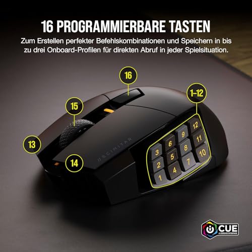 Corsair Scimitar Elite RGB Wireless MMO Gaming Mouse - 26.000 DPI - 16 Programmierbare Tasten - Bis zu 150 Stunden Akkulaufzeit - iCUE-Kompatibel - PC, PS5, PS4, Xbox - Schwarz Bild 3