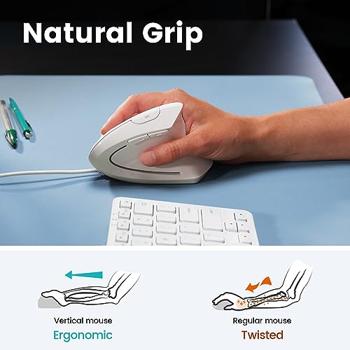 Perixx PERIMICE-513W Vertikale USB-Maus mit Kabel, Weiß – 6 Tasten mit 1000/1600 DPI – Rechtshänder-Design Bild 3