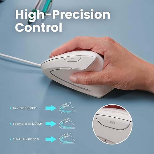 Perixx PERIMICE-513W Vertikale USB-Maus mit Kabel, Weiß – 6 Tasten mit 1000/1600 DPI – Rechtshänder-Design Bild 4
