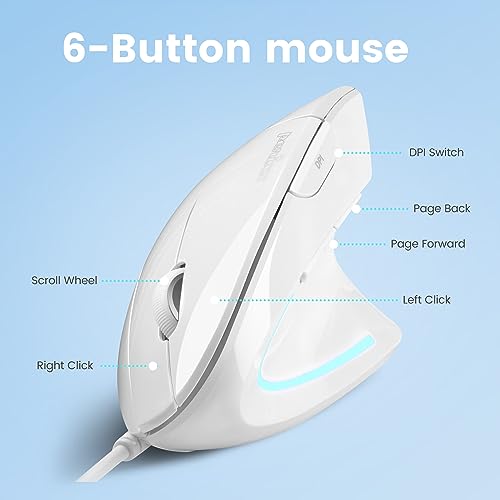 Perixx PERIMICE-513W Vertikale USB-Maus mit Kabel, Weiß – 6 Tasten mit 1000/1600 DPI – Rechtshänder-Design Bild 5