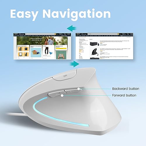 Perixx PERIMICE-513W Vertikale USB-Maus mit Kabel, Weiß – 6 Tasten mit 1000/1600 DPI – Rechtshänder-Design Bild 6