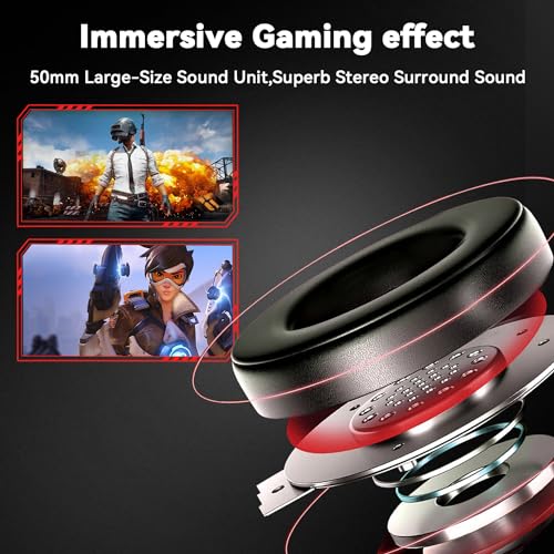 Jimonyer Gaming-Headset mit Mikrofon für PC/PS4/PS5/Xbox/Nintendo Switch, Stereo-Surround-Sound, Gaming-Kopfhörer, Xbox One Headset mit Geräuschunterdrückung, flexibles Mikrofon, RGB-Licht (Rot) Bild 2