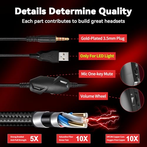 Jimonyer Gaming-Headset mit Mikrofon für PC/PS4/PS5/Xbox/Nintendo Switch, Stereo-Surround-Sound, Gaming-Kopfhörer, Xbox One Headset mit Geräuschunterdrückung, flexibles Mikrofon, RGB-Licht (Rot) Bild 3