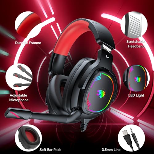 Jimonyer Gaming-Headset mit Mikrofon für PC/PS4/PS5/Xbox/Nintendo Switch, Stereo-Surround-Sound, Gaming-Kopfhörer, Xbox One Headset mit Geräuschunterdrückung, flexibles Mikrofon, RGB-Licht (Rot) Bild 6