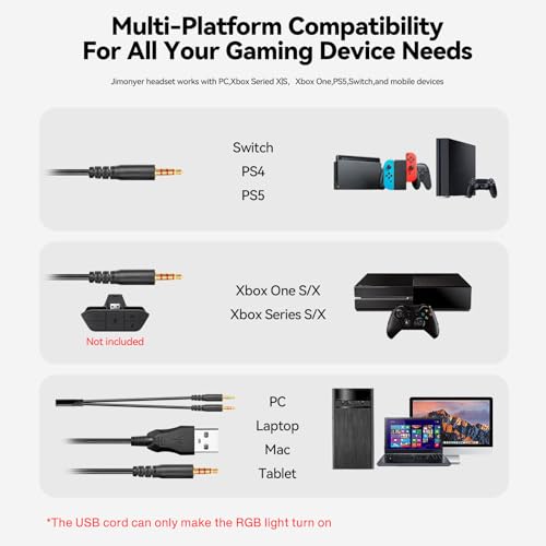 Jimonyer Gaming-Headset für PC/PS4/PS5/Xbox One/Switch, Stereo-Surround-Sound, Gaming-Kopfhörer mit Geräuschunterdrückung, flexibles Mikrofon, Computer-Headset mit 3,5-mm-Klinkenstecker und RGB-Licht Bild 5