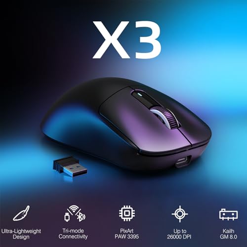 VGN GAMEPOWER x ATTACK SHARK X3 SUPERLIGHT Kabellose Gaming-Maus, 49g Ultraleicht Mouse, 26000DPI, PixArt PAW3395, 2.4G/BT/Kabelgebunden, PTFE Feet, Bis zu 200 Std. Akku, G502, PC/Xbox/PS/Mac, Schwarz Bild 2