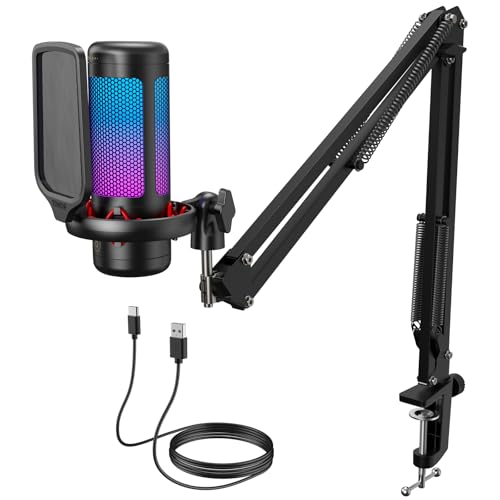 TONOR Gaming Mikrofon PC, USB Microphone für Computer PS4/5, Kondensatormikro mit RGB-Modi & Helligkeit einstellbar, Stummschaltung, Mic für Streaming, Mikrofonarm, Schwarz, TC310+ Bild 1