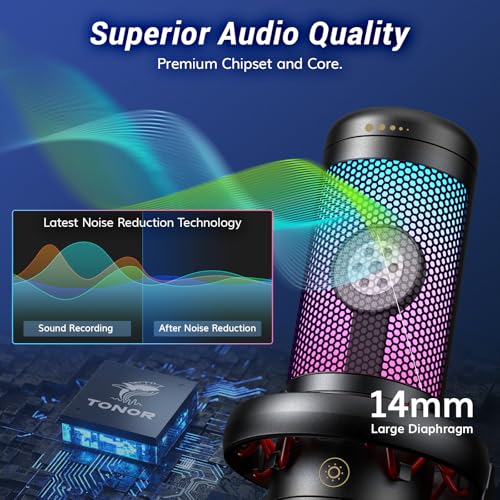 TONOR Gaming Mikrofon PC, USB Microphone für Computer PS4/5, Kondensatormikro mit RGB-Modi & Helligkeit einstellbar, Stummschaltung, Mic für Streaming, Mikrofonarm, Schwarz, TC310+ Bild 2