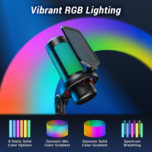 TONOR Gaming Mikrofon PC, USB Microphone für Computer PS4/5, Kondensatormikro mit RGB-Modi & Helligkeit einstellbar, Stummschaltung, Mic für Streaming, Mikrofonarm, Schwarz, TC310+ Bild 3