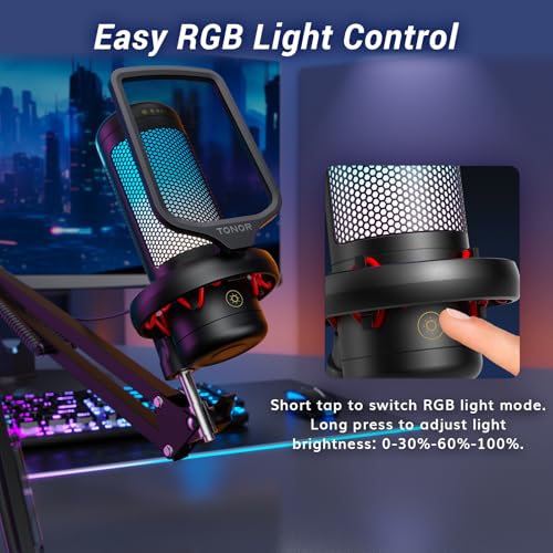 TONOR Gaming Mikrofon PC, USB Microphone für Computer PS4/5, Kondensatormikro mit RGB-Modi & Helligkeit einstellbar, Stummschaltung, Mic für Streaming, Mikrofonarm, Schwarz, TC310+ Bild 4