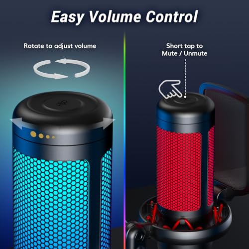 TONOR Gaming Mikrofon PC, USB Microphone für Computer PS4/5, Kondensatormikro mit RGB-Modi & Helligkeit einstellbar, Stummschaltung, Mic für Streaming, Mikrofonarm, Schwarz, TC310+ Bild 5