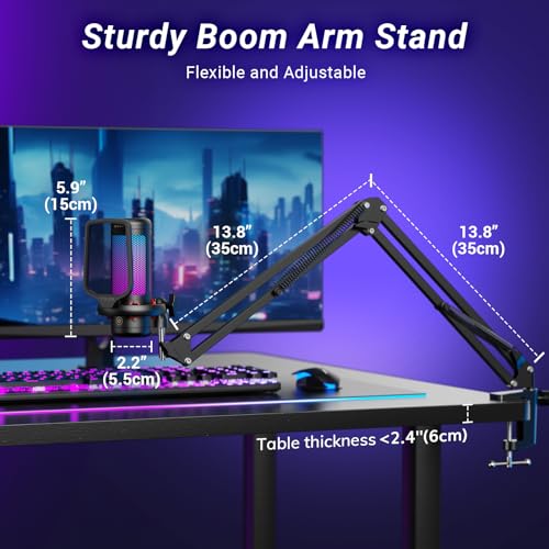 TONOR Gaming Mikrofon PC, USB Microphone für Computer PS4/5, Kondensatormikro mit RGB-Modi & Helligkeit einstellbar, Stummschaltung, Mic für Streaming, Mikrofonarm, Schwarz, TC310+ Bild 6