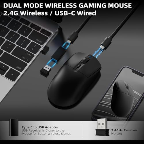 AJ139 G PRO Kabellose Gaming Maus, Leichtgewicht 59g FPS Mäuse, Optischer Sensor PixArt PAW3395, 26K DPI, Dual-Modus 2.4G / Kabelgebundene Maus, 6 programmierbare Tasten, für Xbox/Win/Mac - Schwarz Bild 2