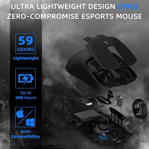 AJ139 G PRO Kabellose Gaming Maus, Leichtgewicht 59g FPS Mäuse, Optischer Sensor PixArt PAW3395, 26K DPI, Dual-Modus 2.4G / Kabelgebundene Maus, 6 programmierbare Tasten, für Xbox/Win/Mac - Schwarz Bild 4