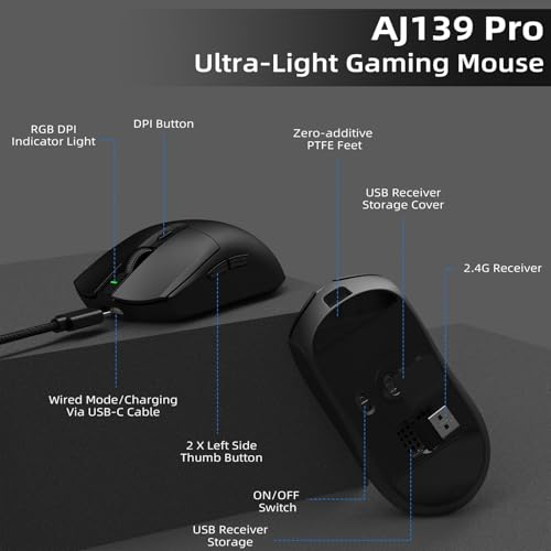 AJ139 G PRO Kabellose Gaming Maus, Leichtgewicht 59g FPS Mäuse, Optischer Sensor PixArt PAW3395, 26K DPI, Dual-Modus 2.4G / Kabelgebundene Maus, 6 programmierbare Tasten, für Xbox/Win/Mac - Schwarz Bild 6