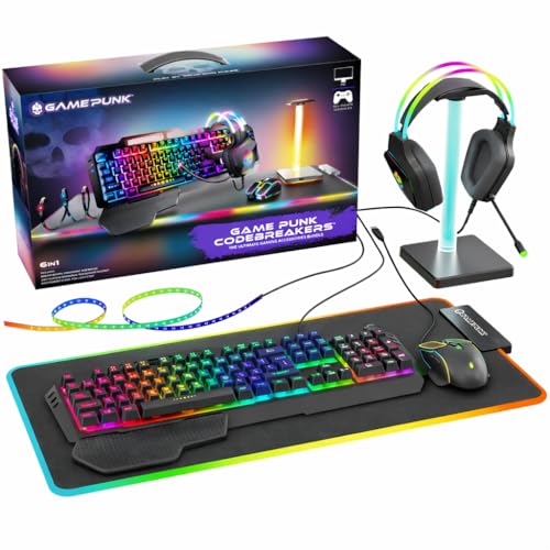 Game Punk Codebreakers PC Gaming Bundle - Inklusive Tastatur, Maus, Headset, LED XL Mauspad, Ständer, RGB Lichtleiste - 6 in 1 PC Gaming Zubehör Bundle, GCMB300 Bild 1