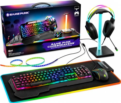 Game Punk Codebreakers PC Gaming Bundle - Inklusive Tastatur, Maus, Headset, LED XL Mauspad, Ständer, RGB Lichtleiste - 6 in 1 PC Gaming Zubehör Bundle, GCMB300 Bild 1
