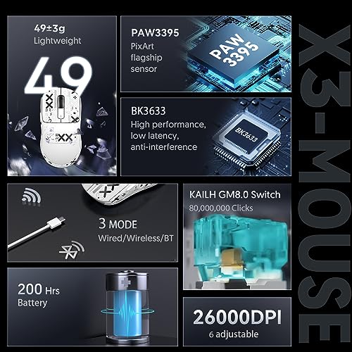 ATTACK SHARK X3 49g Superlight Maus mit Klebeband, PixArt PAW3395 Gaming-Sensor, BT/2,4G Kabellose/Kabelgebundene Gaming-Maus, 6 DPI 26000, 200 Stunden Akku, Büromäuse für Win11/Xbox/PS/Mac (Schwarz) Bild 3