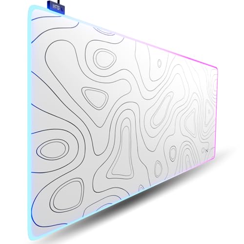 Nyfter - XXL Gaming Mauspad RGB White im Topography Design 900 x 500mm Premium Mousepad Size Groß vernähte Kanten langlebig mit high-end Glide und Anti-Rutsch Speed Gaming Mauspad Bild 1