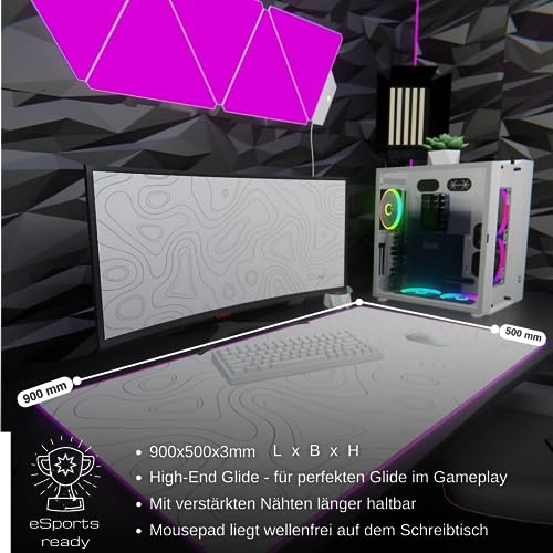 Nyfter - XXL Gaming Mauspad RGB White im Topography Design 900 x 500mm Premium Mousepad Size Groß vernähte Kanten langlebig mit high-end Glide und Anti-Rutsch Speed Gaming Mauspad Bild 2