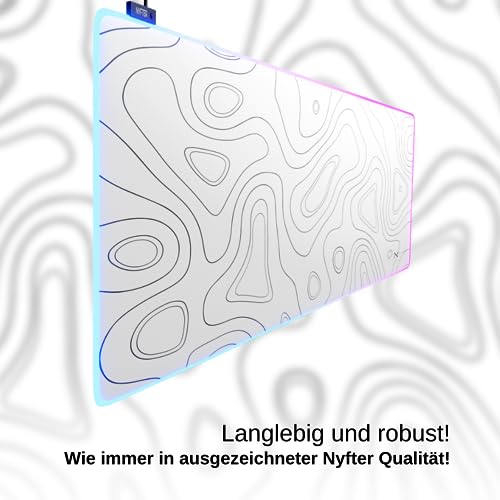 Nyfter - XXL Gaming Mauspad RGB White im Topography Design 900 x 500mm Premium Mousepad Size Groß vernähte Kanten langlebig mit high-end Glide und Anti-Rutsch Speed Gaming Mauspad Bild 5