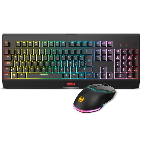 KROM Kabala – Kabelloses Gaming-Set mit Membrantastatur RGB Rainbow, 6 Anti-Ghosting-Tasten, optischer Maus 800-4800 DPI, Spanisches Layout, kompatibel mit PC – Schwarz Bild 1