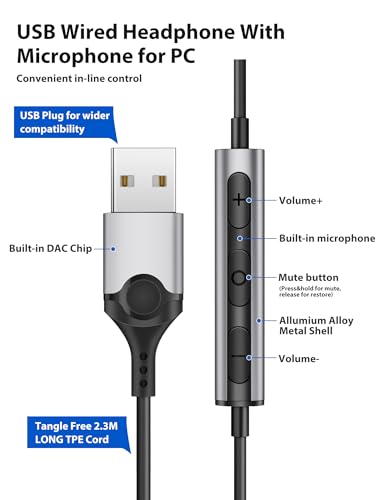 USB In Ear PC Headset mit Kabel 2.3M für PS 4 5,Magnetisch USB Headset in Ear USB Kopfhörer Computer Headset mit Lautstärkeregler Gaming Headset mit Mikrofon für PC Laptop Desktop Skype Office Live Bild 4