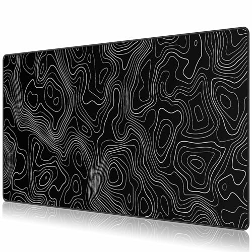 JIALONG Schwarz Topographisches XXL Gaming Mauspad 90x40cm - Premium Schreibtischunterlage mit Landkarten-Design, rutschfest & Stitching - Für Gamer und Büro Bild 1