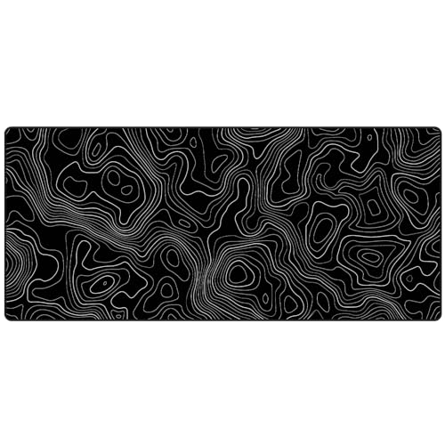 JIALONG Schwarz Topographisches XXL Gaming Mauspad 90x40cm - Premium Schreibtischunterlage mit Landkarten-Design, rutschfest & Stitching - Für Gamer und Büro Bild 2