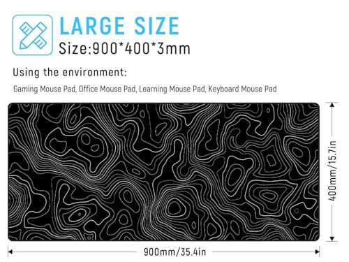 JIALONG Schwarz Topographisches XXL Gaming Mauspad 90x40cm - Premium Schreibtischunterlage mit Landkarten-Design, rutschfest & Stitching - Für Gamer und Büro Bild 6