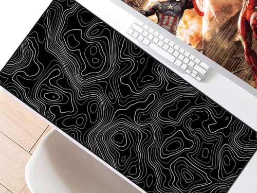 JIALONG Schwarz Topographisches XXL Gaming Mauspad 90x40cm - Premium Schreibtischunterlage mit Landkarten-Design, rutschfest & Stitching - Für Gamer und Büro Bild 7