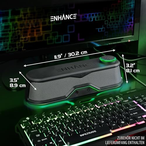 ENHANCE SB1 Computer-Lautsprecher High Excursion Soundbar - USB Powered Computer Soundbar, Unter-Monitor-Lautsprecher mit 10W Peak, LED Lautstärkeregler, Headset Pass Through, Gaming für PC Bild 2