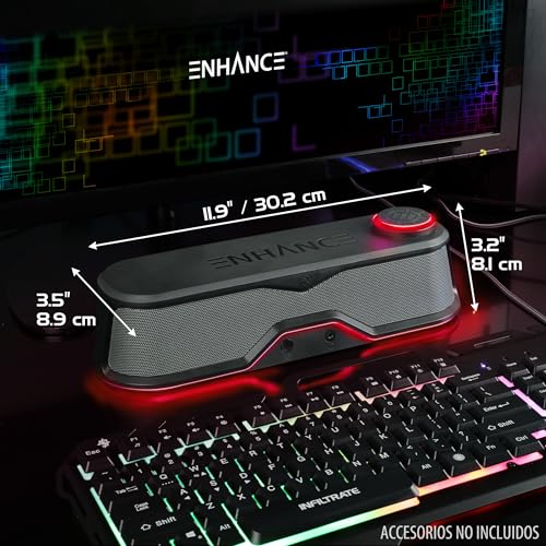 ENHANCE SB1 Computer-Lautsprecher High Excursion Soundbar - USB Powered Computer Soundbar, Unter-Monitor-Lautsprecher mit 10W Peak, LED Lautstärkeregler, Headset Pass Through, Gaming Soundbar für PC Bild 2