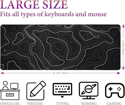 HAUTOCO Gaming Mauspad Groß 800 x 300 mm Mousepad XXL Minimalistische Topografische Mauspad Desk Mat mit Gummi Anti Rutsch für Computer Tastatur verbessert Geschwindigkeit und Präzision, Schwarz Bild 3