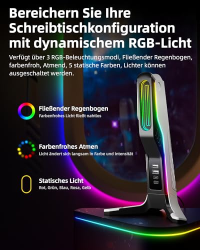 RGB-Gaming-Headset-Ständer mit 2 USB- und 1 Typ-C-Anschlüssen, Spiel-Kopfhörer-Halterung für PC, Xbox One, Xbox Serie S/X, PS5, PS4, Kopfhörer-Halterung, Schreibtisch-Gamer-Zubehör, Schwarz und Bild 3