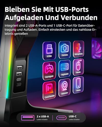 RGB-Gaming-Headset-Ständer mit 2 USB- und 1 Typ-C-Anschlüssen, Spiel-Kopfhörer-Halterung für PC, Xbox One, Xbox Serie S/X, PS5, PS4, Kopfhörer-Halterung, Schreibtisch-Gamer-Zubehör, Schwarz und Bild 4