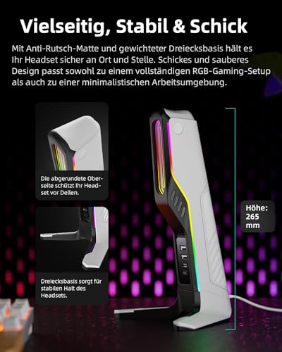 RGB-Gaming-Headset-Ständer mit 2 USB- und 1 Typ-C-Anschlüssen, Spiel-Kopfhörer-Halterung für PC, Xbox One, Xbox Serie S/X, PS5, PS4, Kopfhörer-Halterung, Schreibtisch-Gamer-Zubehör, Schwarz und Bild 5