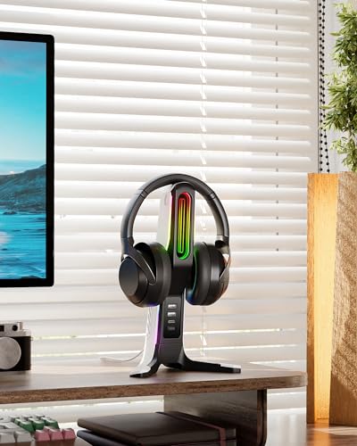RGB-Gaming-Headset-Ständer mit 2 USB- und 1 Typ-C-Anschlüssen, Spiel-Kopfhörer-Halterung für PC, Xbox One, Xbox Serie S/X, PS5, PS4, Kopfhörer-Halterung, Schreibtisch-Gamer-Zubehör, Schwarz und Bild 7