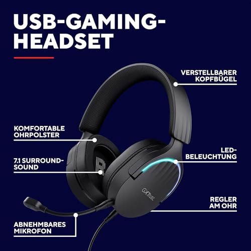 Trust Gaming GXT 490 Fayzo Gaming Headset USB 7.1 Surround Sound, 50mm Treiber, 85% Recyclingkunststoff, Mikrofon mit Geräuschunterdrückung, RGB Over-Ear Kopfhörer für PC PS5 - Schwarz Bild 2