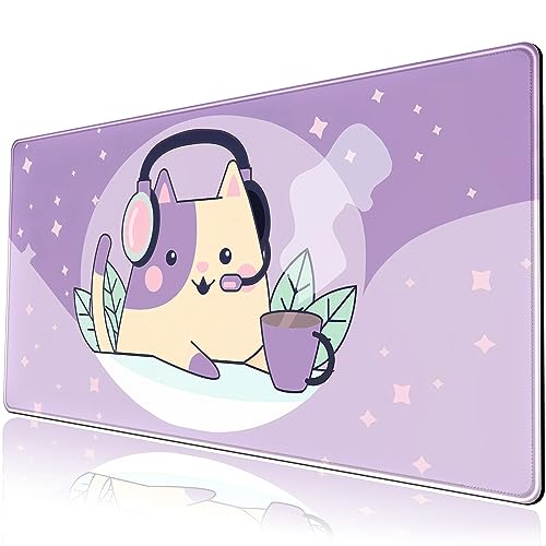 Kawaii Lila Space Cat Schreibtischunterlage Niedliches Anime Erweitertes Mauspad Groß XXL Gaming Schreibtischunterlage Langes Mousepad Tastatur Pad Maus Desktop Matte 80 x 40 cm Niedliches Bild 1