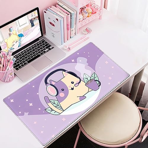 Kawaii Lila Space Cat Schreibtischunterlage Niedliches Anime Erweitertes Mauspad Groß XXL Gaming Schreibtischunterlage Langes Mousepad Tastatur Pad Maus Desktop Matte 80 x 40 cm Niedliches Bild 3