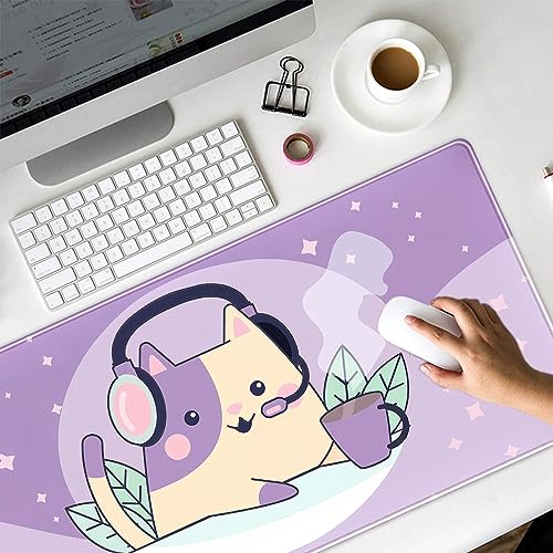 Kawaii Lila Space Cat Schreibtischunterlage Niedliches Anime Erweitertes Mauspad Groß XXL Gaming Schreibtischunterlage Langes Mousepad Tastatur Pad Maus Desktop Matte 80 x 40 cm Niedliches Bild 5