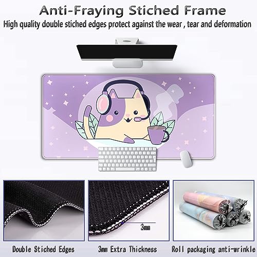 Kawaii Lila Space Cat Schreibtischunterlage Niedliches Anime Erweitertes Mauspad Groß XXL Gaming Schreibtischunterlage Langes Mousepad Tastatur Pad Maus Desktop Matte 80 x 40 cm Niedliches Bild 7