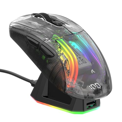 ATTACK SHARK X2 Pro Kabellose Gaming Maus mit Charging Station, Leise Maus Tri-Mode(BT5.0/2.4G Wireless/Typ-C), 4000 DPI RGB Bluetooth Maus Wiederaufladbare, Transparente Schale, für PC/MAC, Schwarz Bild 1