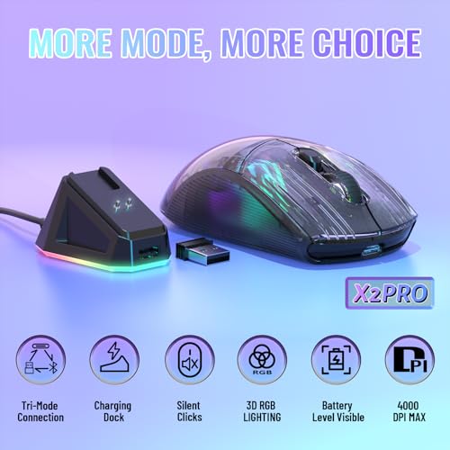 ATTACK SHARK X2 Pro Kabellose Gaming Maus mit Charging Station, Leise Maus Tri-Mode(BT5.0/2.4G Wireless/Typ-C), 4000 DPI RGB Bluetooth Maus Wiederaufladbare, Transparente Schale, für PC/MAC, Schwarz Bild 2